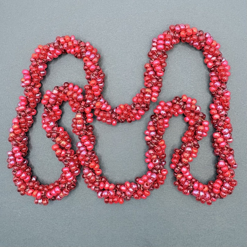 Vintage Red Beaded Twisted Spiral Rope Necklace Iridescent 29" Bohemian Chunky